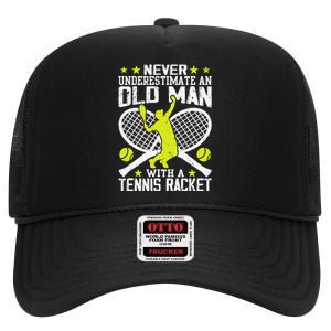 Tennis Coach Player Racket Funny Grandpa Tennis Lover Player High Crown Mesh Back Trucker Hat