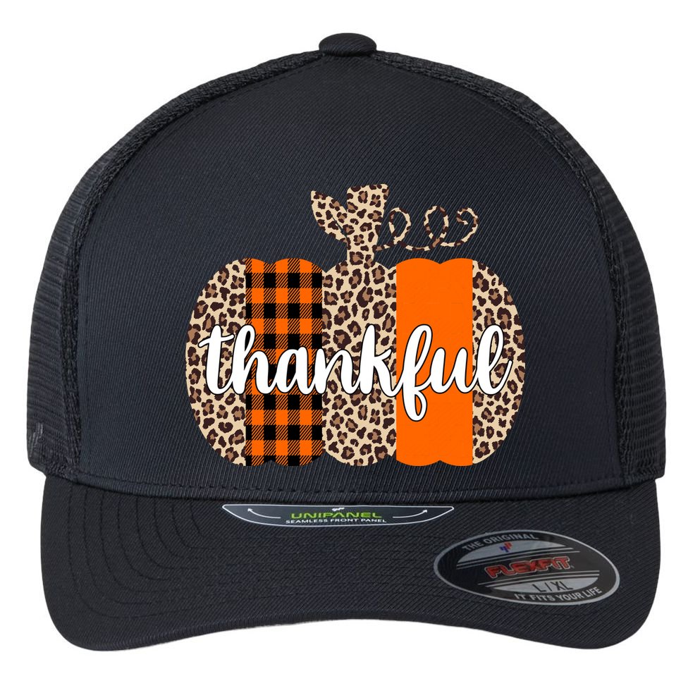 Thankful Cheetah Plaid Pumpkin Cute Holiday Flexfit Unipanel Trucker Cap
