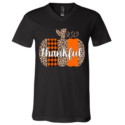 Thankful Cheetah Plaid Pumpkin Cute Holiday V-Neck T-Shirt