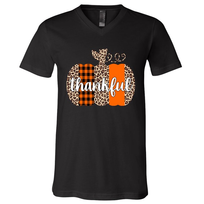 Thankful Cheetah Plaid Pumpkin Cute Holiday V-Neck T-Shirt