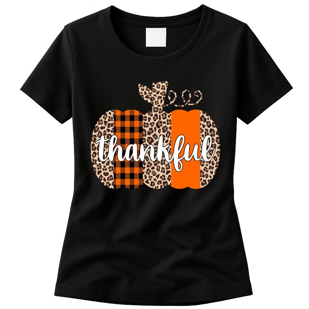 Thankful Cheetah Plaid Pumpkin Cute Holiday Womens T-Shirt
