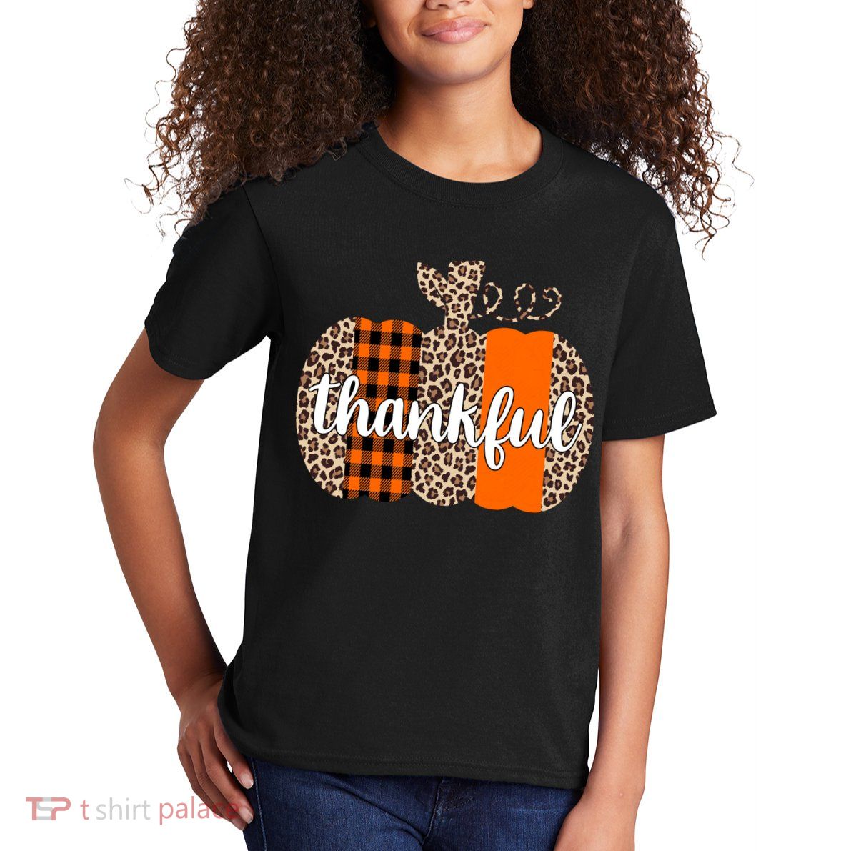 Thankful Cheetah Plaid Pumpkin Cute Holiday Kids T-Shirt
