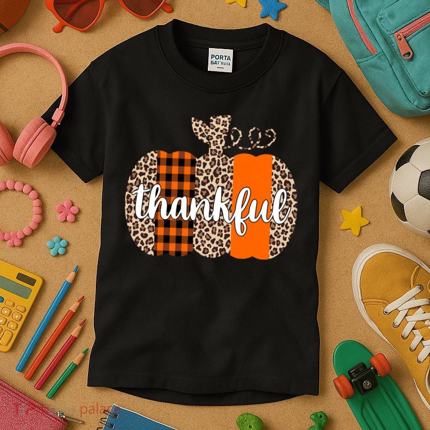Thankful Cheetah Plaid Pumpkin Cute Holiday Kids T-Shirt