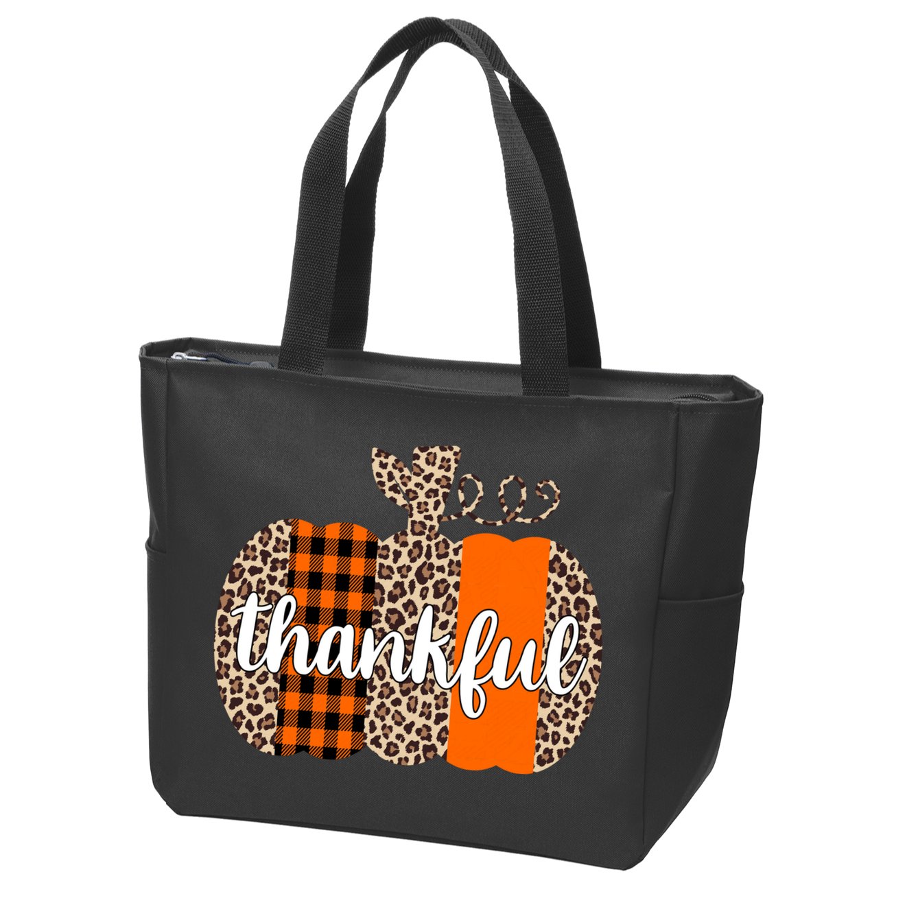 Thankful Cheetah Plaid Pumpkin Cute Holiday Zip Tote Bag