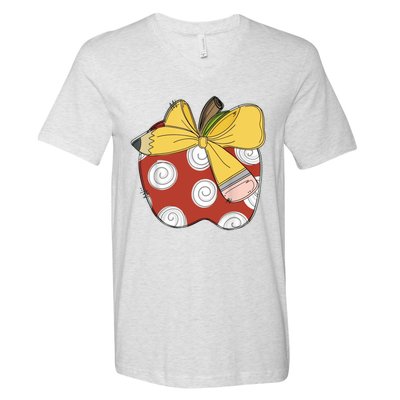 Teacher Coquette Pencil Bow And Apple Teacher V-Neck T-Shirt