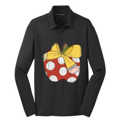 Teacher Coquette Pencil Bow And Apple Teacher Silk Touch Performance Long Sleeve Polo