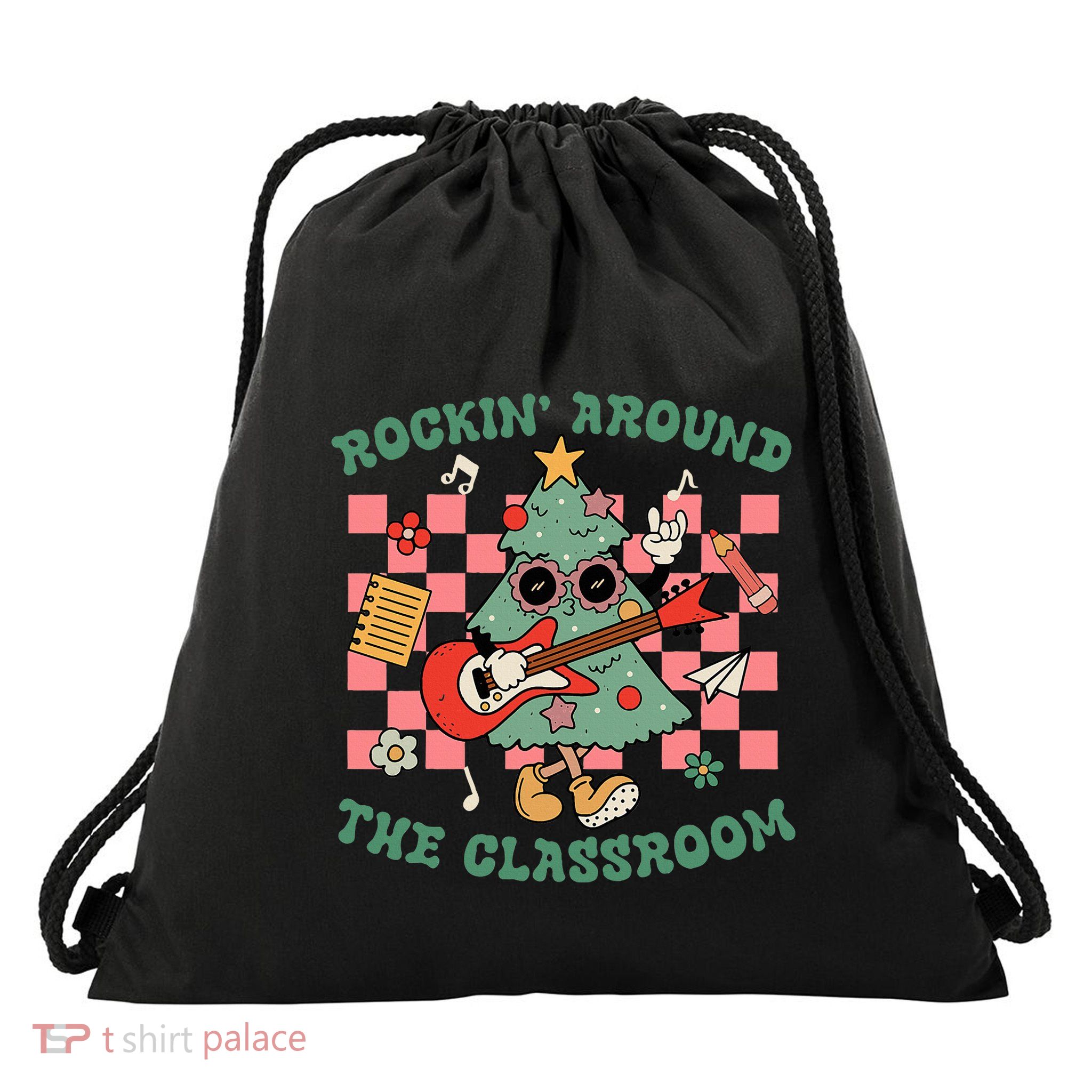 Teacher Christmas Rockin Around The Classroom Drawstring Bag