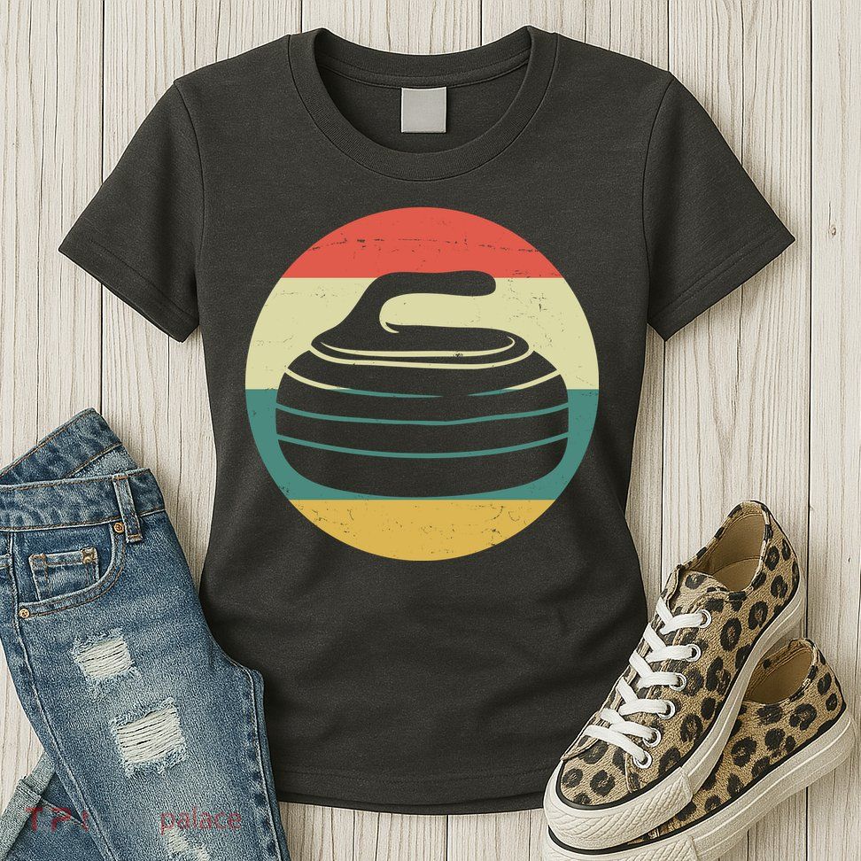 Team Curling Retro Sunset Sport Womens T-Shirt