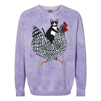 Tuxedo Cat Riding A Chicken Funny Colorblast Crewneck Sweatshirt