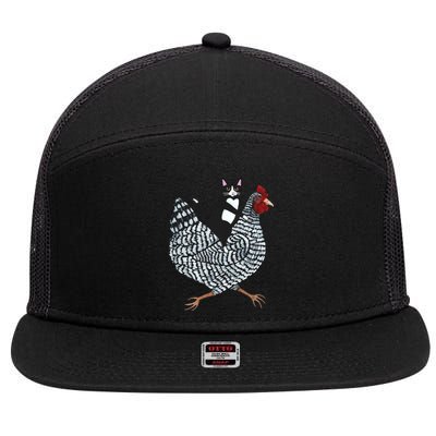 Tuxedo Cat Riding A Chicken Funny 7 Panel Mesh Trucker Snapback Hat