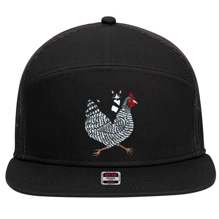 Tuxedo Cat Riding A Chicken Funny 7 Panel Mesh Trucker Snapback Hat
