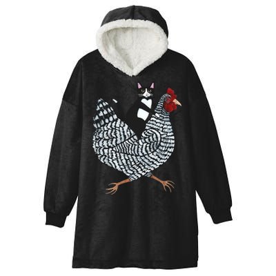 Tuxedo Cat Riding A Chicken Funny Hooded Wearable Blanket