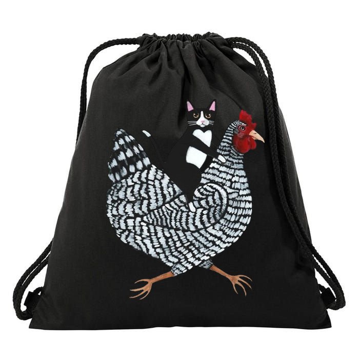 Tuxedo Cat Riding A Chicken Funny Drawstring Bag