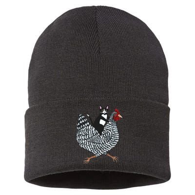 Tuxedo Cat Riding A Chicken Funny Sustainable Knit Beanie