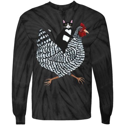 Tuxedo Cat Riding A Chicken Funny Tie-Dye Long Sleeve Shirt