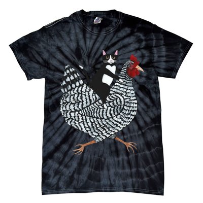 Tuxedo Cat Riding A Chicken Funny Tie-Dye T-Shirt