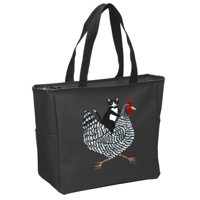 Tuxedo Cat Riding A Chicken Funny Zip Tote Bag