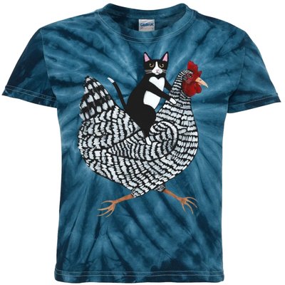 Tuxedo Cat Riding A Chicken Funny Kids Tie-Dye T-Shirt