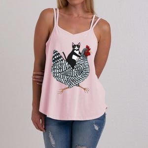 Tuxedo Cat Riding A Chicken Funny Women's Strappy Tank