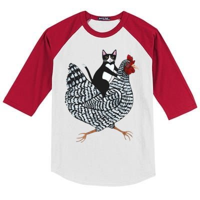 Tuxedo Cat Riding A Chicken Funny Kids Colorblock Raglan Jersey