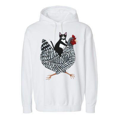 Tuxedo Cat Riding A Chicken Funny Garment-Dyed Fleece Hoodie