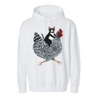 Tuxedo Cat Riding A Chicken Funny Garment-Dyed Fleece Hoodie