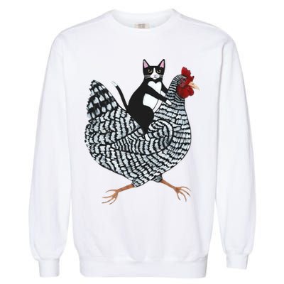 Tuxedo Cat Riding A Chicken Funny Garment-Dyed Sweatshirt