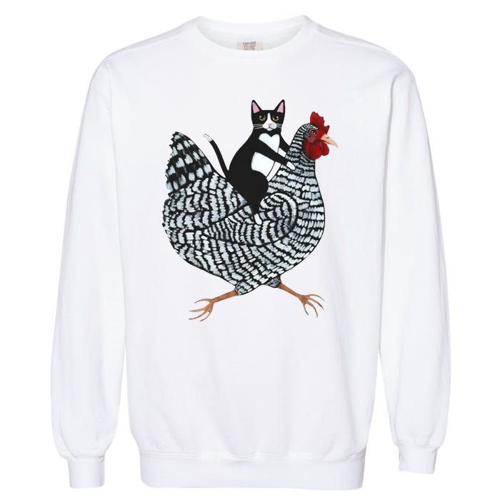 Tuxedo Cat Riding A Chicken Funny Garment-Dyed Sweatshirt