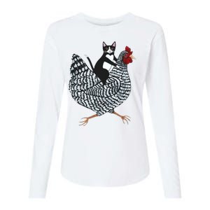 Tuxedo Cat Riding A Chicken Funny Womens Cotton Relaxed Long Sleeve T-Shirt