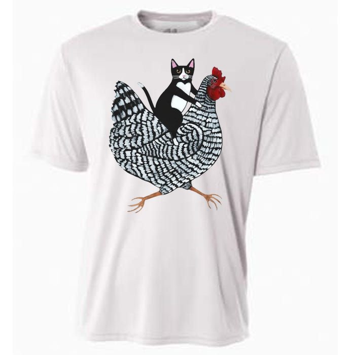 Tuxedo Cat Riding A Chicken Funny Cooling Performance Crew T-Shirt