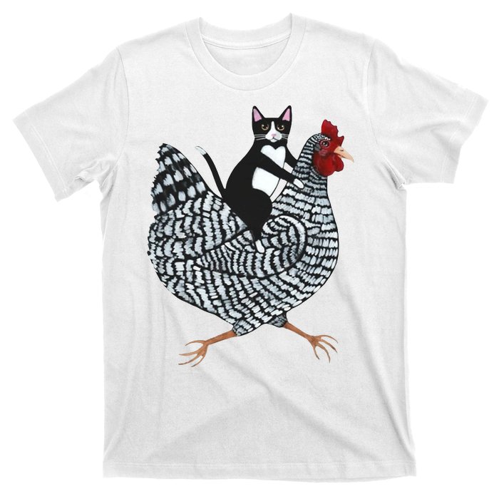 Tuxedo Cat Riding A Chicken Funny T-Shirt