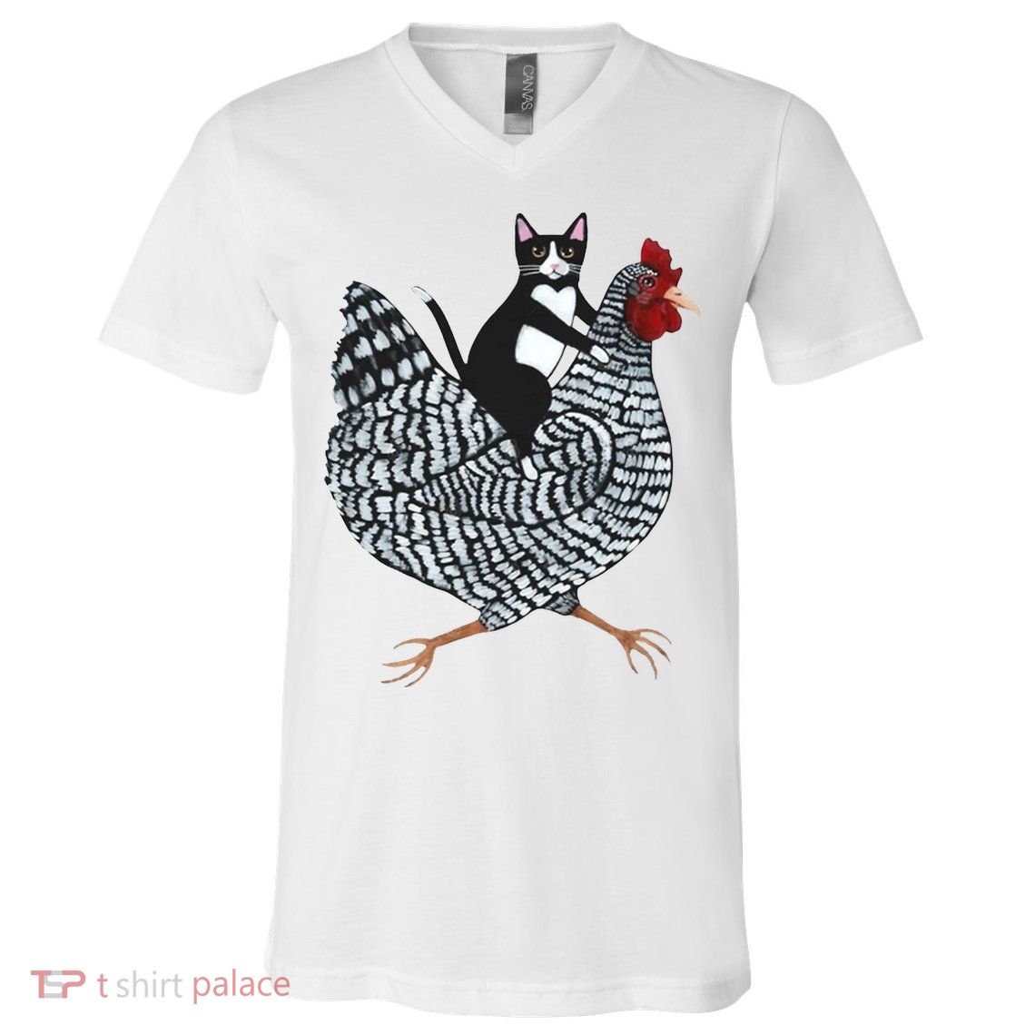 Tuxedo Cat Riding A Chicken Funny V-Neck T-Shirt