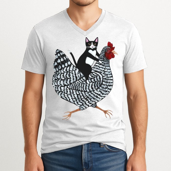 Tuxedo Cat Riding A Chicken Funny V-Neck T-Shirt