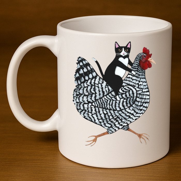 Tuxedo Cat Riding A Chicken Funny 11oz C Handle Ceramic Mug