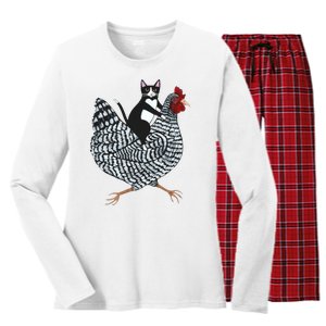 Tuxedo Cat Riding A Chicken Funny Women's Long Sleeve Flannel Pajama Set 