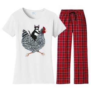 Tuxedo Cat Riding A Chicken Funny Women's Flannel Pajama Set