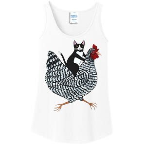 Tuxedo Cat Riding A Chicken Funny Ladies Essential Tank