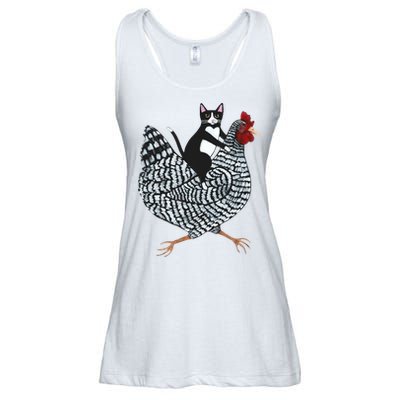 Tuxedo Cat Riding A Chicken Funny Ladies Essential Flowy Tank