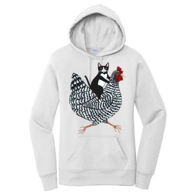 Tuxedo Cat Riding A Chicken Funny Women's Pullover Hoodie