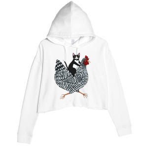 Tuxedo Cat Riding A Chicken Funny Crop Fleece Hoodie