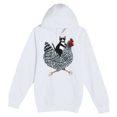 Tuxedo Cat Riding A Chicken Funny Premium Pullover Hoodie