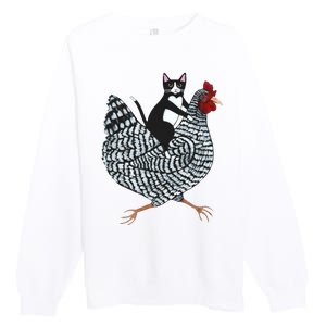 Tuxedo Cat Riding A Chicken Funny Premium Crewneck Sweatshirt