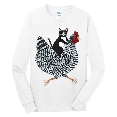 Tuxedo Cat Riding A Chicken Funny Tall Long Sleeve T-Shirt