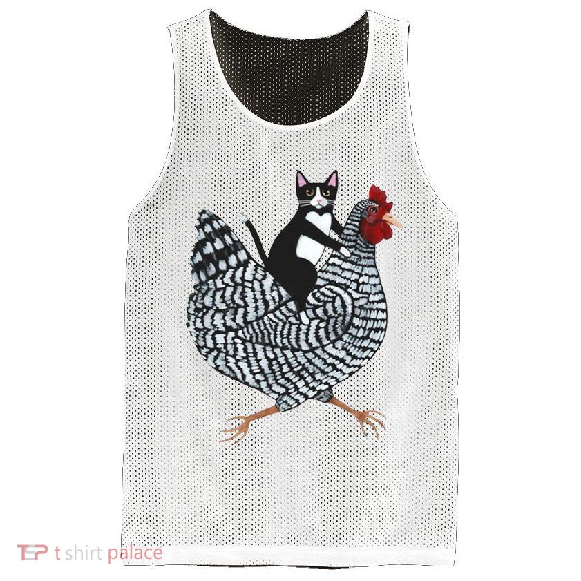 Tuxedo Cat Riding A Chicken Funny Mesh Reversible Basketball Jersey Tank