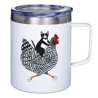 Tuxedo Cat Riding A Chicken Funny 12oz Stainless Steel Coffee Mug
