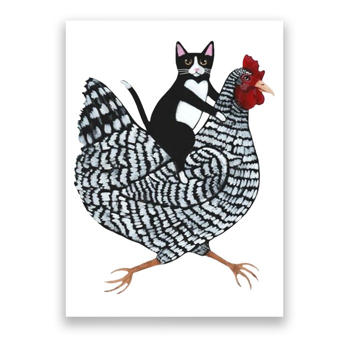 Tuxedo Cat Riding A Chicken Funny Poster
