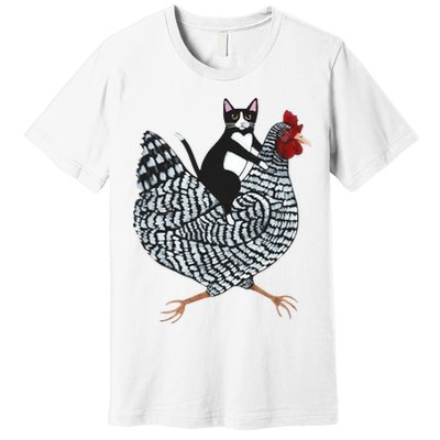 Tuxedo Cat Riding A Chicken Funny Premium T-Shirt