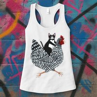 Tuxedo Cat Riding A Chicken Funny Womens Tank Top