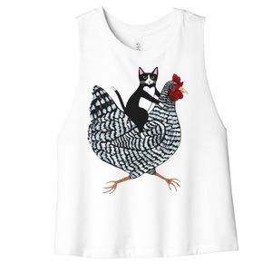 Tuxedo Cat Riding A Chicken Funny Women's Racerback Cropped Tank