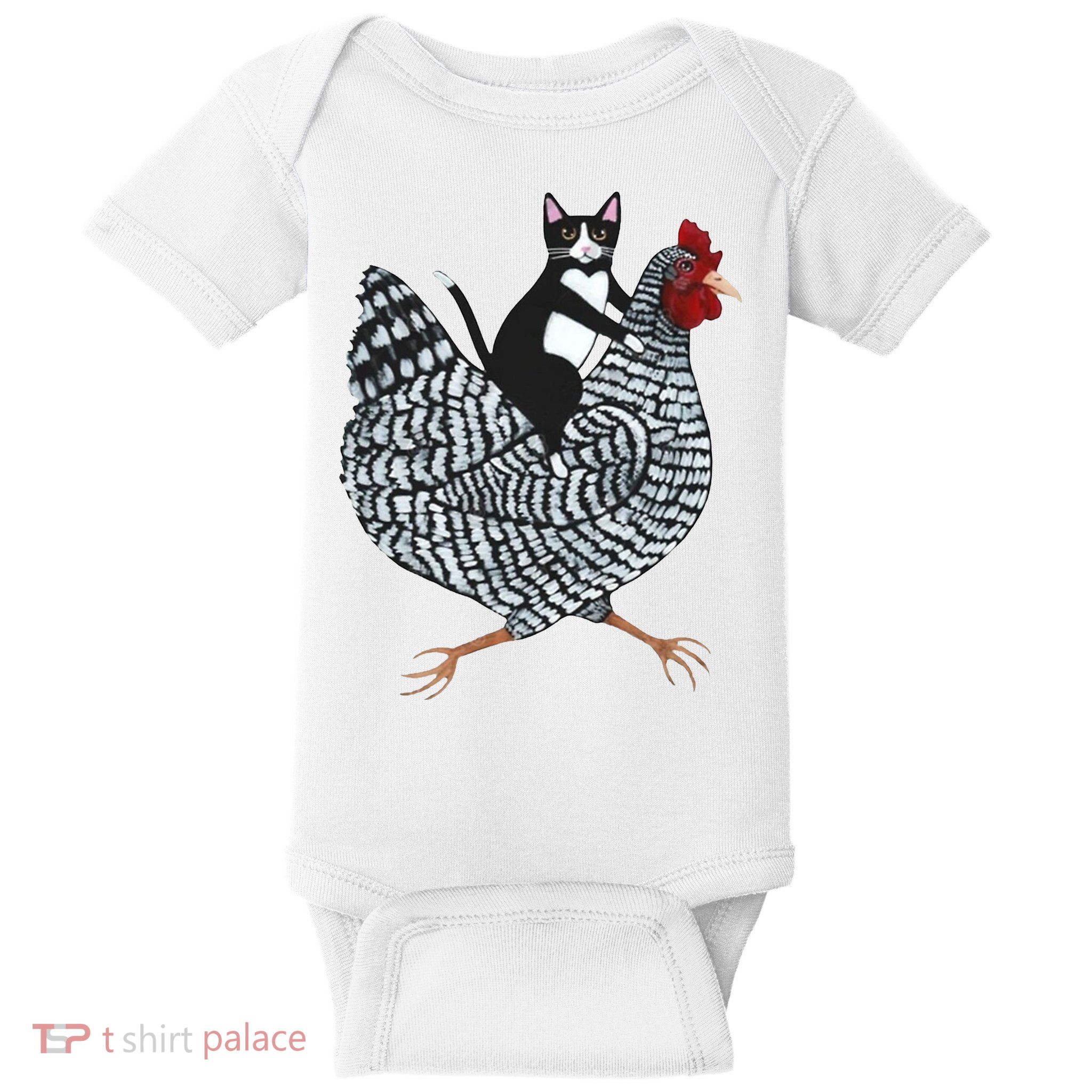 Tuxedo Cat Riding A Chicken Funny Baby Bodysuit
